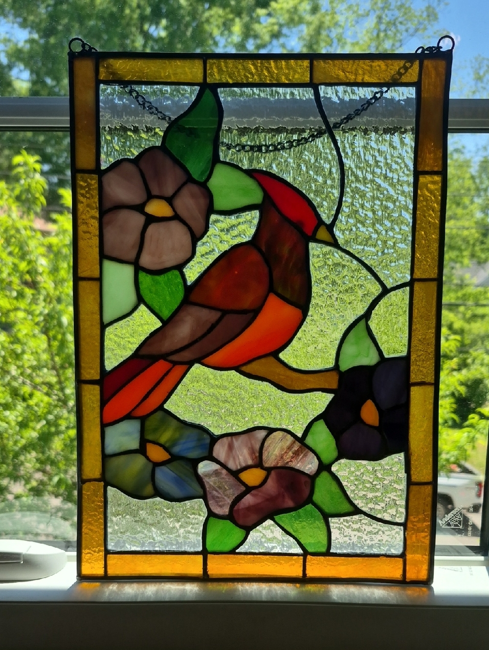 Vintage Handmade Stained Glass Cardinal Flowers Panel Window Art